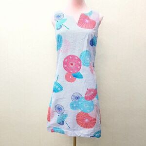 Tori Richard Split V-Neck Lined Parasol Seersucker Blue Shift Dress Womens 4